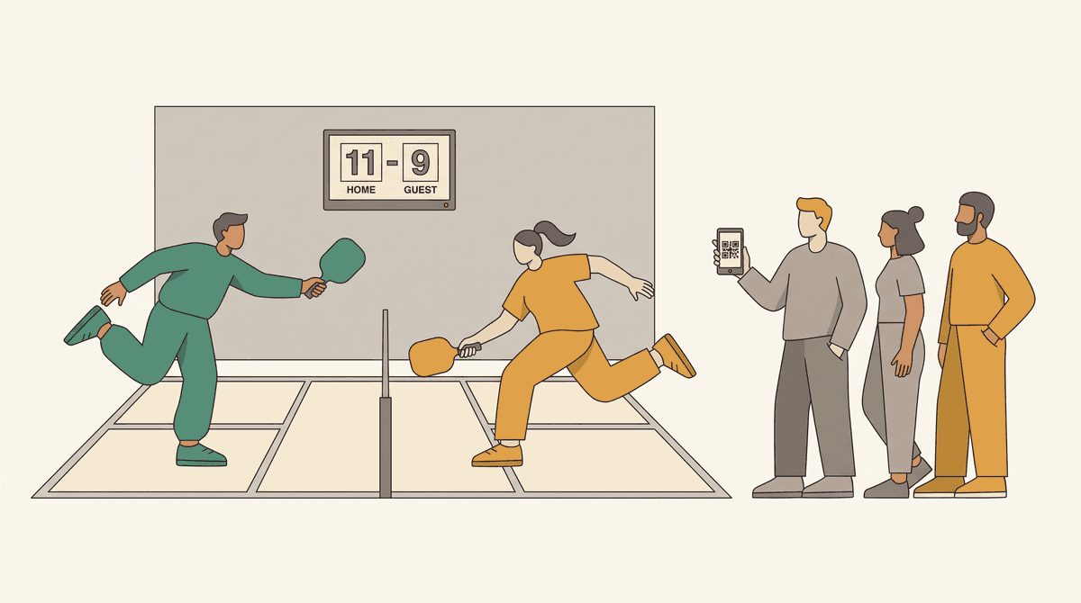 Players rallying on a pickleball court while others check in with a QR code
